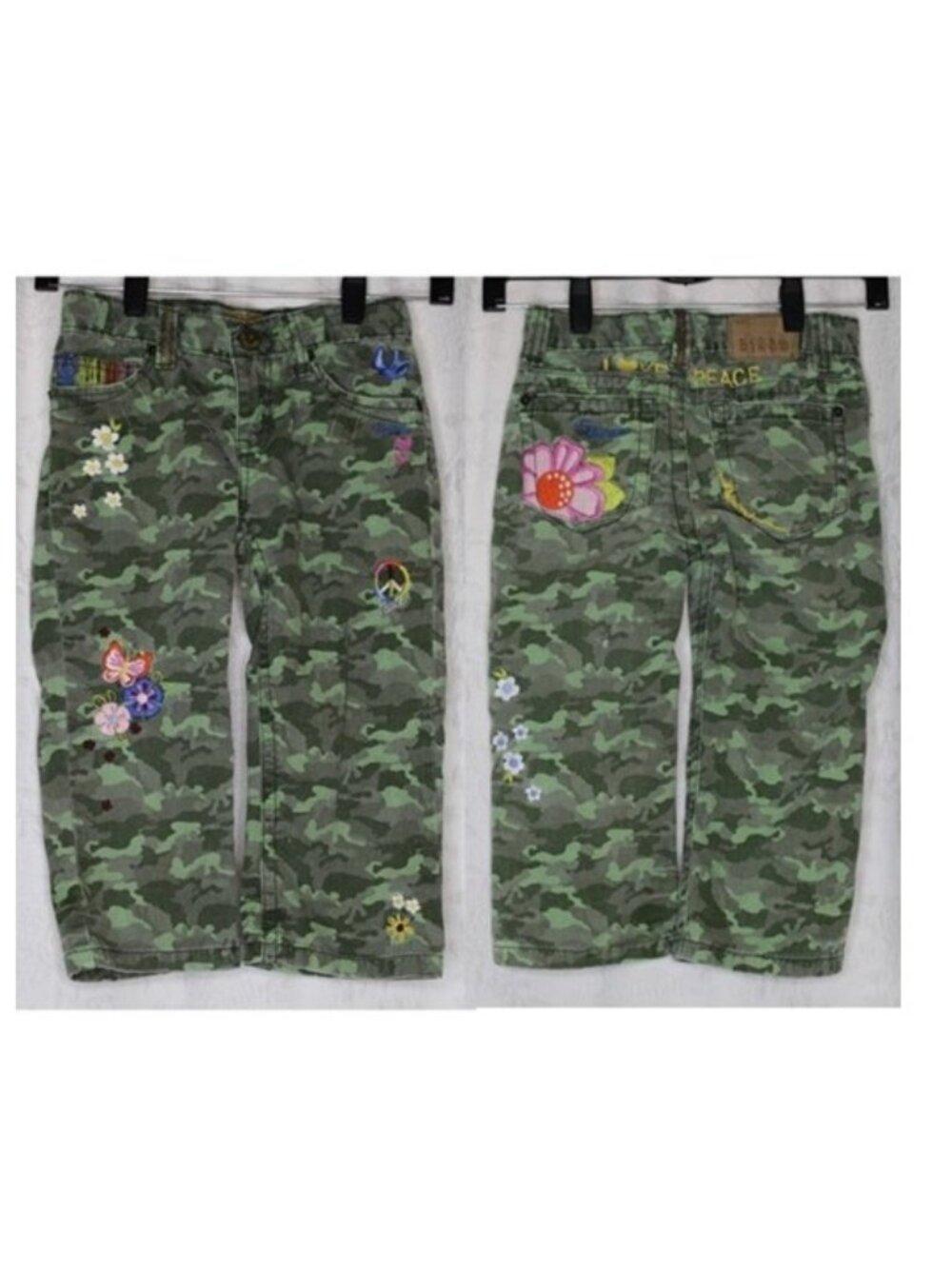 Est.1989 Camo Embroidered Girls Jeans Capri Size 6X/7 Adjustable Love Bird Heart